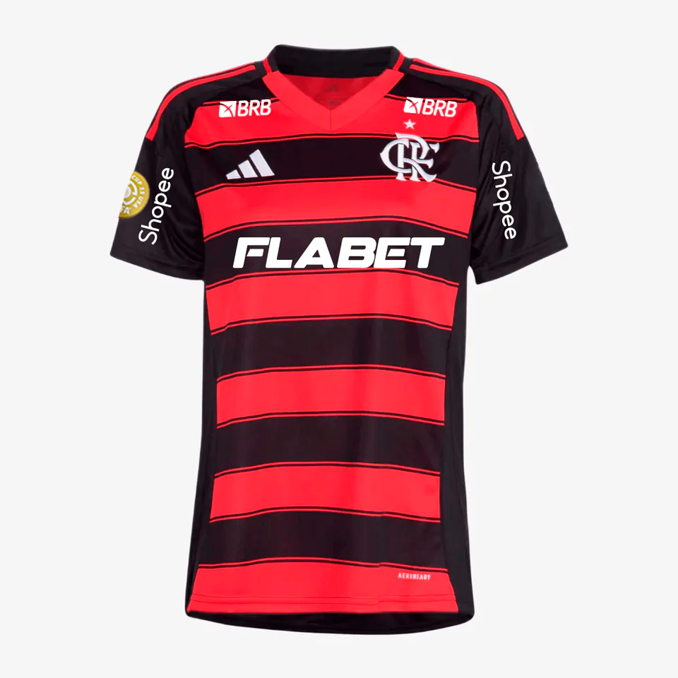 Flamengo Home 25/26 Torcedor Com Patrocínios Adidas Feminina - Vemelho e Preto