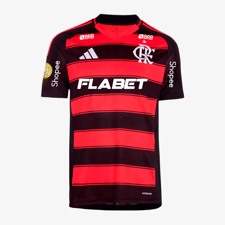 Flamengo Home 25/26 Torcedor Com Patrocínios Adidas Masculino - Vermelho e Preto