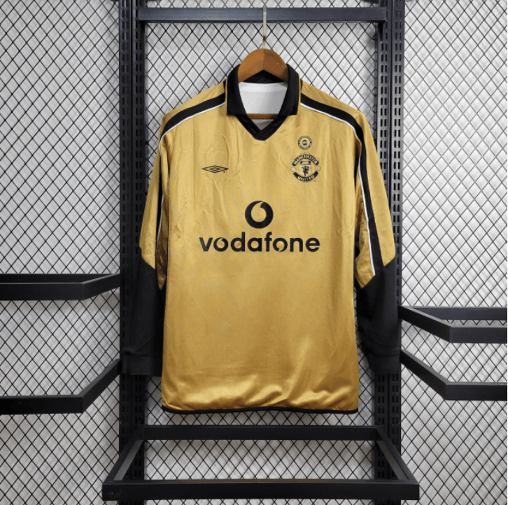 Manchester United Retro Away 01/02 Umbro Dupla face Manga Longa - Branca e Dourada